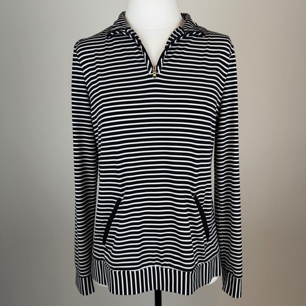 Weekends by Chicos Size 0 Black/White Striped 1/4 Zip Sweatshirt Womens Small